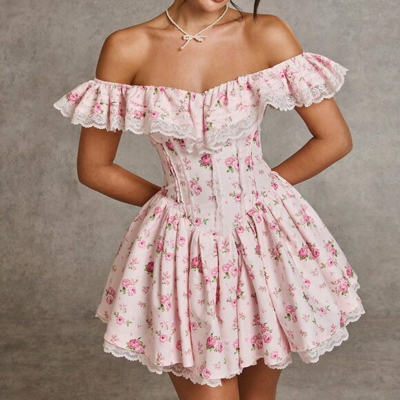 Pink Boho Women's Ditsy Floral Off-Shoulder Ruffled Lace Patchwork Mini Dress - Picture 1 of 7